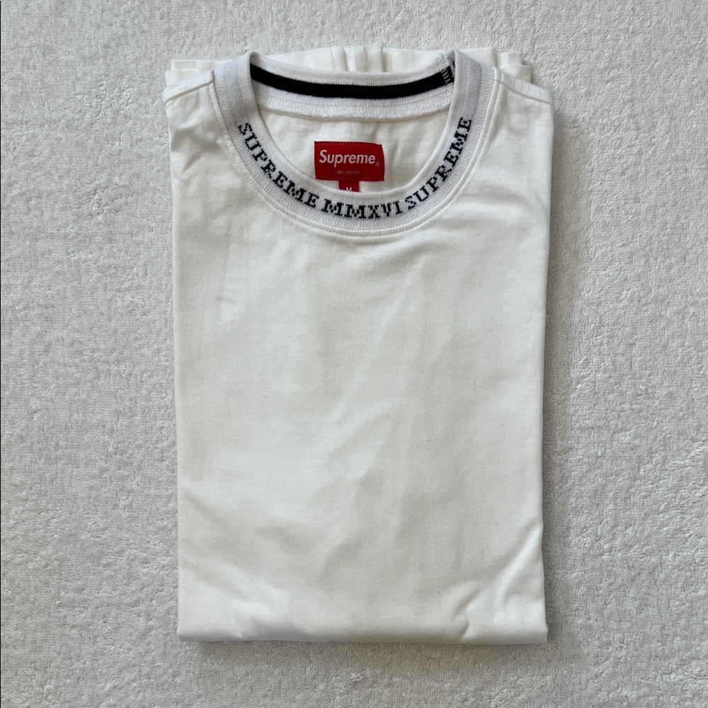 Supreme White Tee with Black Logo on the Collar